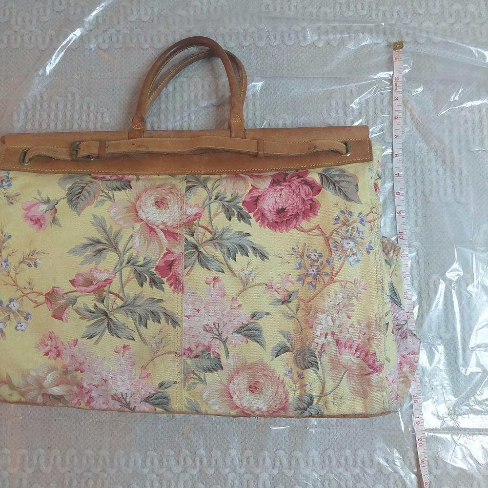 Vintage 80's Ralph Lauren Floral Carpet Tapestry Leather Satchel- Travel Bag! - Picture 8 of 16
